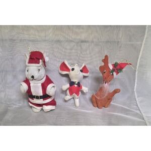 Vtg MCM Flocked Felt Christmas Ornaments Lot 3 Santa Bear Mouse Reindeer Holiday